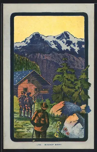 Künstler-AK Worb, Wanderer vor einem Holzhaus