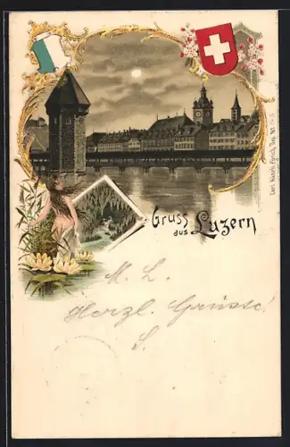 Lithographie Luzern, Uferpartie mit Turm beim Mondschein
