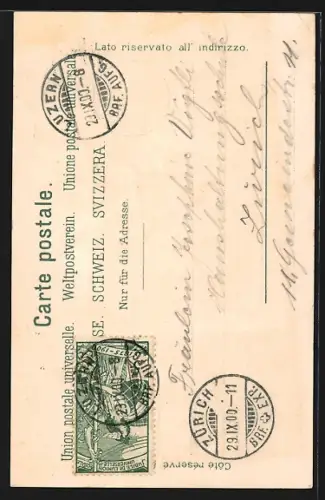 Lithographie Luzern, Uferpartie mit Turm beim Mondschein