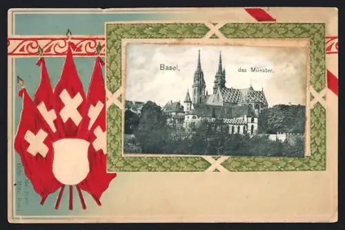 Lithographie Basel, Das Münster, Flaggen, Passepartout