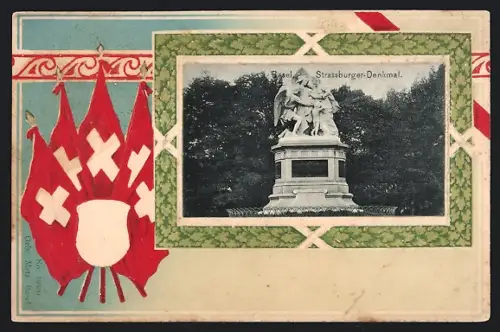 Lithographie Basel, Strassburger-Denkmal, Flaggen, Passepartout