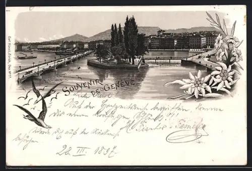 Lithographie Geneve, Brücke und Île Rousseau