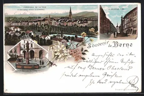 Lithographie Bern, Panorama de la ville, La Grande Rue, La Fontaine de l`Obre