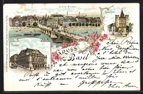 Lithographie Basel, Theater, Klein-Basel mit Dampfer, Spalen-Tor