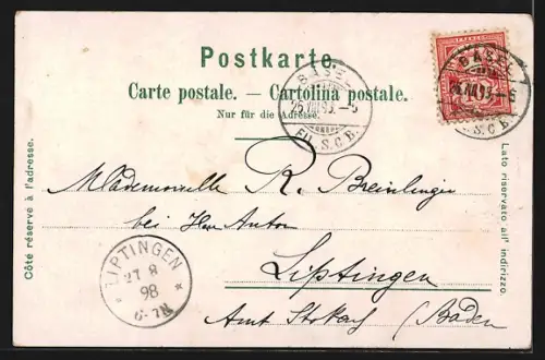 Lithographie Basel, Theater, Klein-Basel mit Dampfer, Spalen-Tor