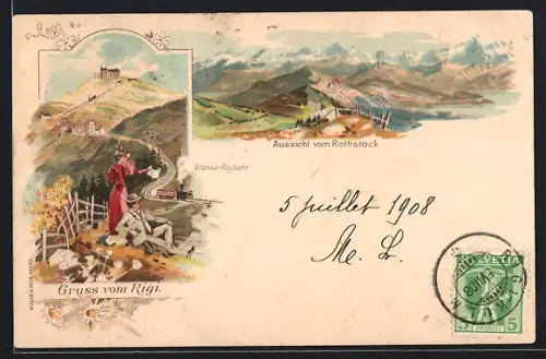 Lithographie Rigi, Aussicht vom Rothstock, Vitznau-Rigibahn