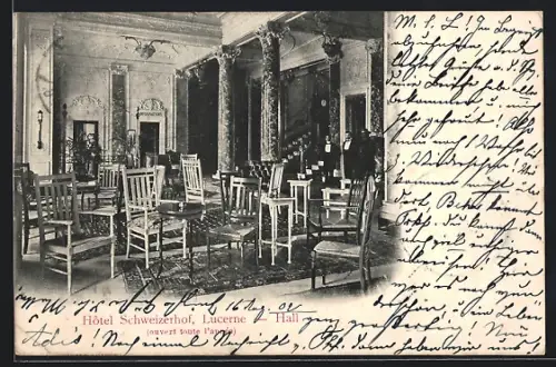 AK Lucerne, Hotel Schweizerhof, Hall, Innenansicht