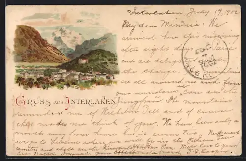 Lithographie Interlaken, Teilansicht mit Bergen