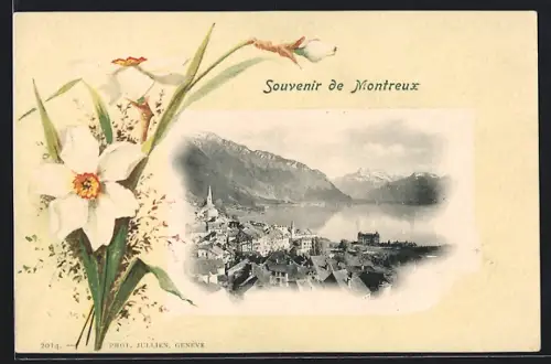 Lithographie Montreux, Panorama mit Bergen, Lilien, Passepartout