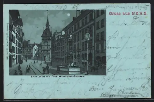 Mondschein-Lithographie Bern, Strasse Spitalgasse mit Dudelsackpfeifer-Brunnen