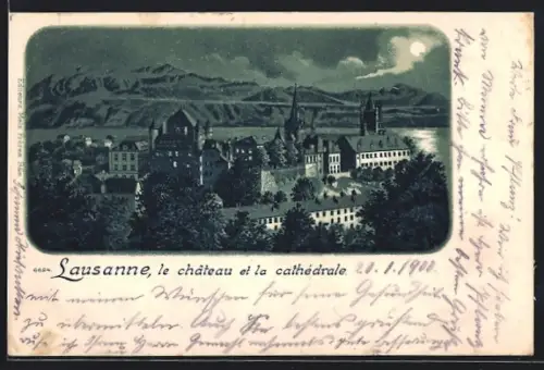 Lithographie Lausanne, Schloss und Kirche bei Mondschein