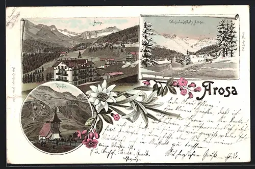 Lithographie Arosa, Hotel, Kirche, Winterlandschaft