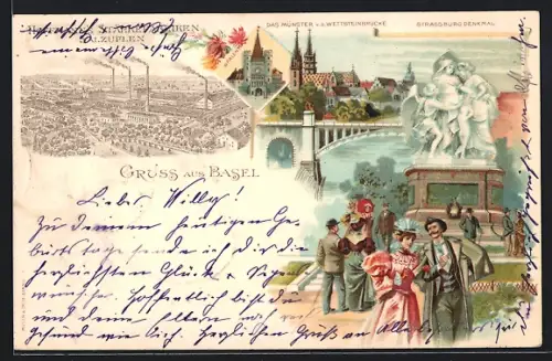 Lithographie Basel, Hoffmann`s Stärkefabriken Salzuflen, Das Münster von der Wettsteinbrücke, Strassburg Denkmal