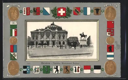 AK Genève, Théâtre & Monument Dufour, St.-Jakob-Denkmal, Telldenkmal, Passepartout