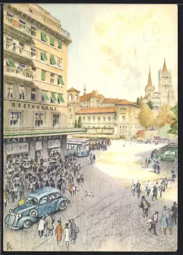Künstler-AK Lausanne, Cafe Vaudois, Place de la Riponne