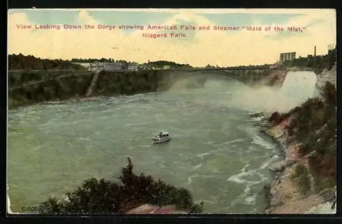 AK Niagara Falls, View looking down the Gorge showing American Falls and steamer Maid of the Mist