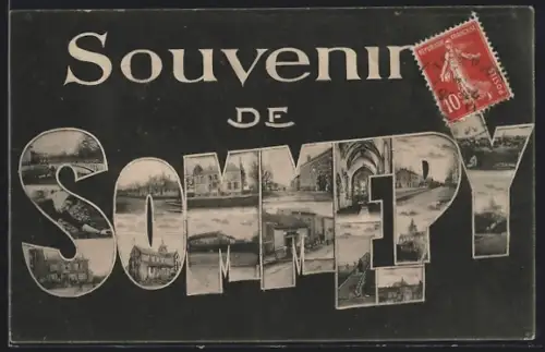 AK Sommepy, Schriftzug mit Kirche, Innenansicht und Strassenpartie