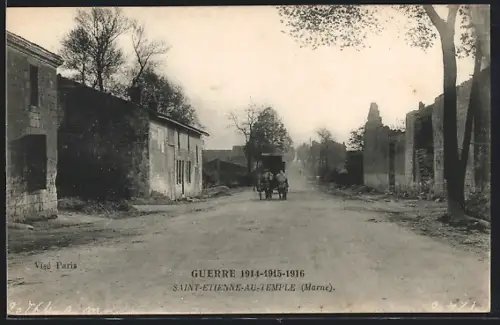 AK Saint-Etienne-au-Temple, Pferdekutsche zwischen den Ruinen