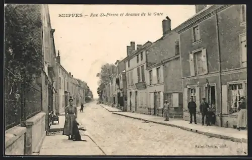 AK Suippes, Rue St-Pierre et Avenue de la Gare, Strassenpartie