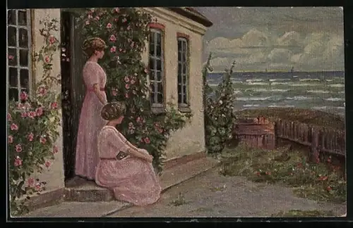 Künstler-AK sign. L. Mogelgaard: Rote Rosen, zwei Damen gucken aufs Meer hinaus, Dänische Kunst