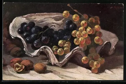 Künstler-AK Erpaco-Kunstverlag Serie 11 /5: Obststilleben, Weintrauben und Wallnüsse