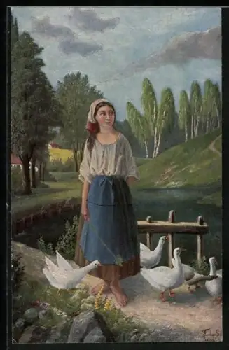 Künstler-AK Erpaco-Kunstverlag Nr. 591: Gänseliesel an einem Teich