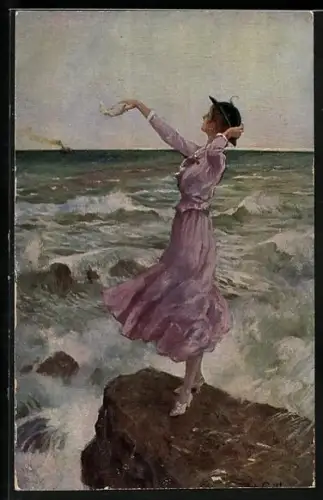 Künstler-AK Imita / A.S.-M. Leipzig Nr. 463, Behüt dich Gott, Dame winkt auslaufendem Schiff nach