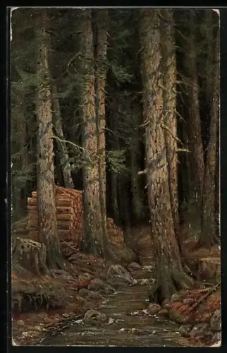 Ölgemälde-Imitations-AK Erpaco-Kunstverlag Nr. 23/2: Buchenwald, Holzstapel