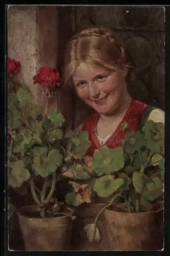 Künstler-AK Erpaco-Kunstverlag Nr. 8, Unter Blumen, Frau guckt zwischen Blumentöpfen hindurch
