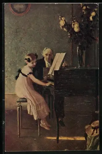 Künstler-AK Degi Nr. 516, Mädchen in der Klavierstunde