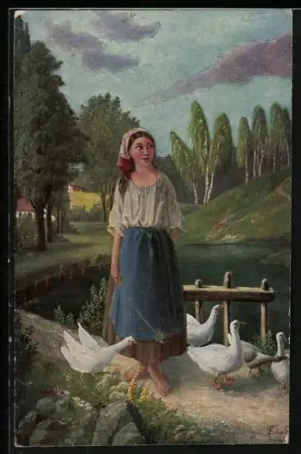 Künstler-AK Erpaco-Kunstverlag Nr. 591: Gänseliesel an einem Teich