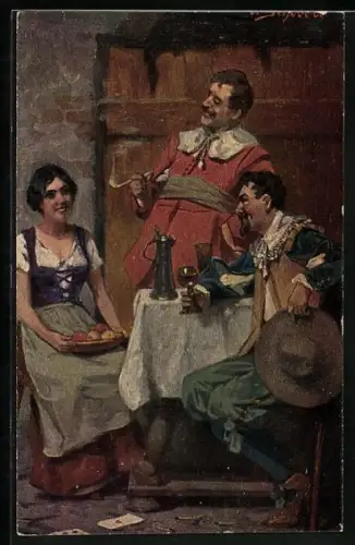 Ölgemälde-Imitations-AK Erpaco-Kunstverlag Nr. 22/1: Altdeutsche Trinker, Mädchen und zwei Trinker