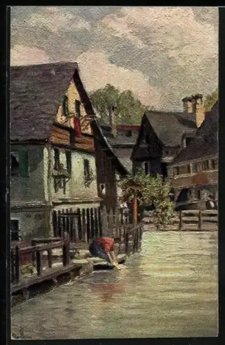 Künstler-AK Erpaco-Kunstverlag Nr. 44, Stille Winkel, Frau wäscht