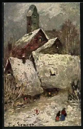 Ölgemälde-Imitations-AK Erpaco-Kunstverlag Nr. 21/5: Winterlandschaften, Ortschaft mit Kirche