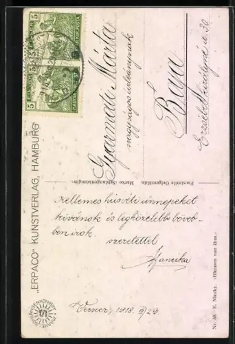 Ölgemälde-Imitations-AK In Gedanken, junge Dame mit Blumen
