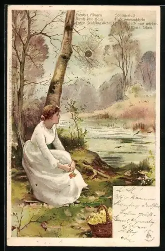 Sonnenschein-AK Idyll am Ufer, junge Frau sitzt mit Blumenkorb bei den Bäumen am Flussufer