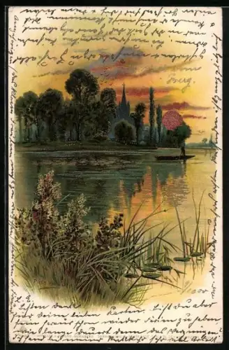 Sonnenschein-AK Partie am See mit Kirche