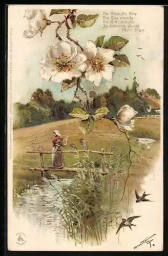 Sonnenschein-AK Bäuerin mit Kiepe auf einer Brücke, goldene Sonne, Blütenzweig, Pfingstgruss