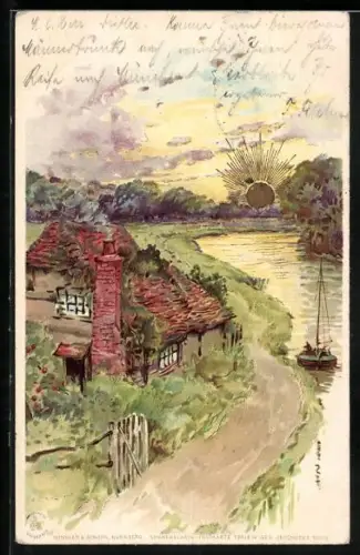 Sonnenschein-AK Haus am Fluss, Segelboot