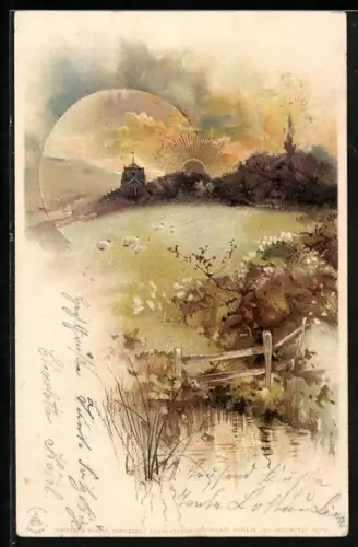 Sonnenschein-Lithographie Kapelle am Flussufer