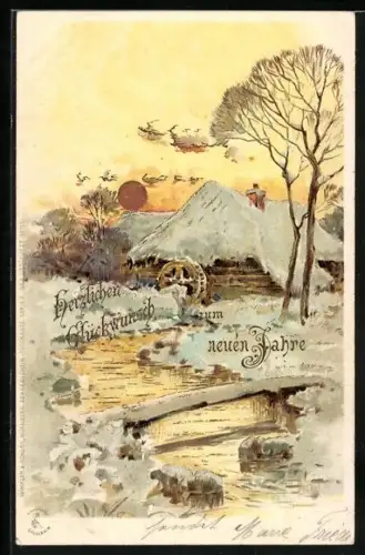 Sonnenschein-AK Wassermühle im Winter, goldene Sonne