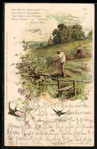 Sonnenschein-AK Sommeridylle, Landarbeiter mit Sensen, Schwalben, Goldene Sonne
