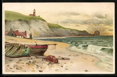 Sonnenschein-AK Strand mit Booten und Leuchtturm