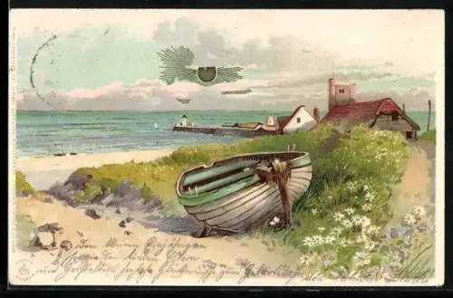 Sonnenschein-Lithographie Ruderboot in den Dünen