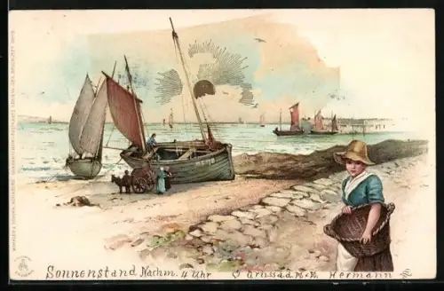 Sonnenschein-AK Fischerboot am Strand mit Fischerin