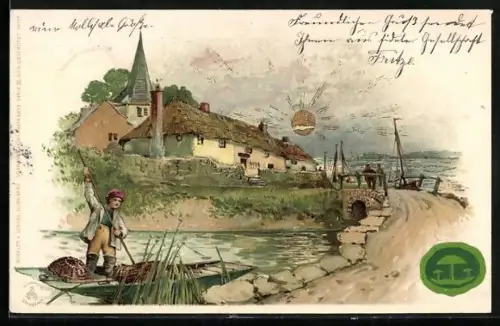 Sonnenschein-Lithographie Fischer mit Kahn vor Ortschaft