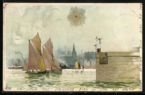 Sonnenschein-AK Segelschiffe mit Stadtpanorama vom Wasser gesehen