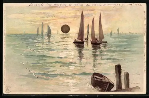Sonnenschein-AK Blick vom Pier zu Segelbooten auf dem See