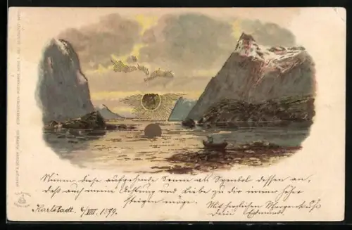 Sonnenschein-AK Ruderboot auf dem Fjord