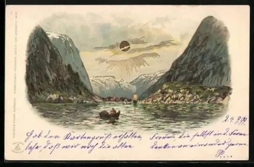 Sonnenschein-AK Ort am Wasser, Berge, Goldene Sonne